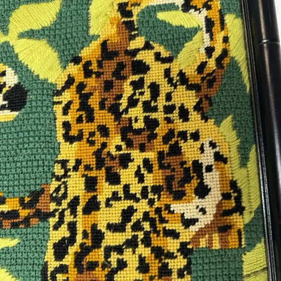 Vintage Leopard Needlepoint Black Bamboo Type Frame Green Hollywood Regency Art - Picture 6 of 16